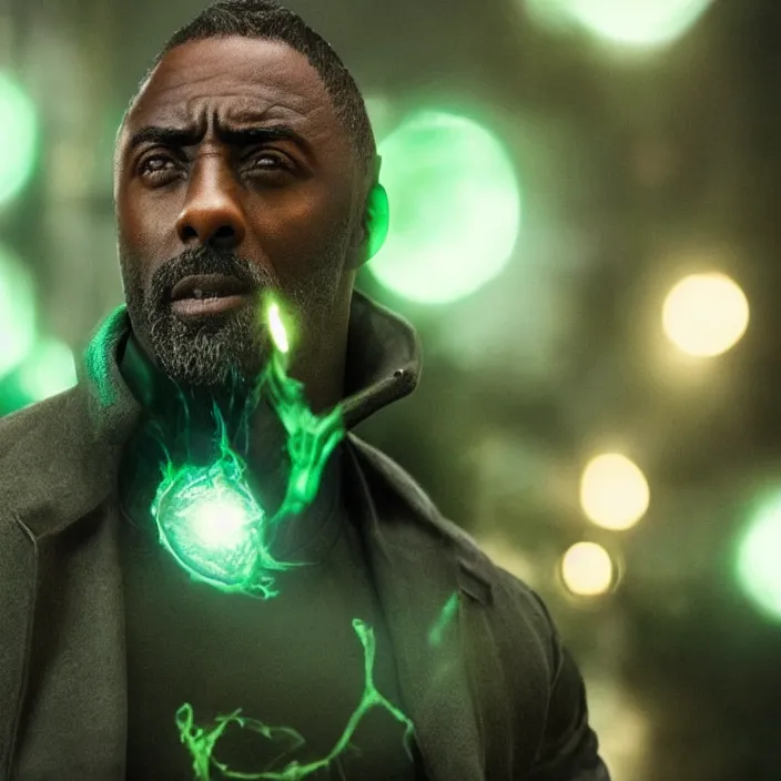 Image similar to film still of Idris Elba as Green Lanturn in new DC film, photorealistic 4k