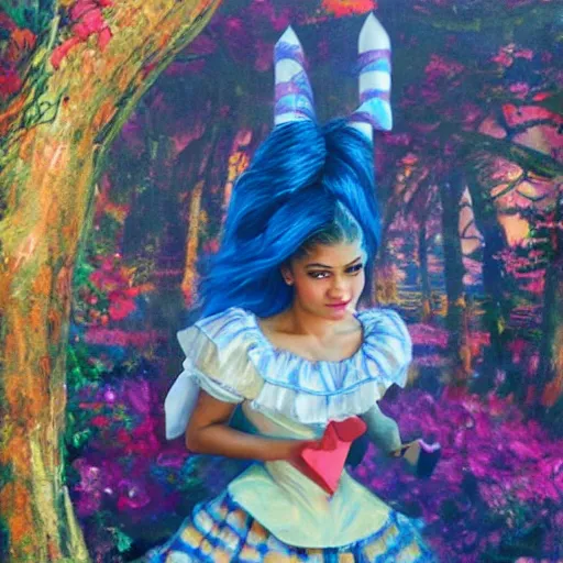 Image similar to zendaya as Alice in wonderland, oil painting, high detail,