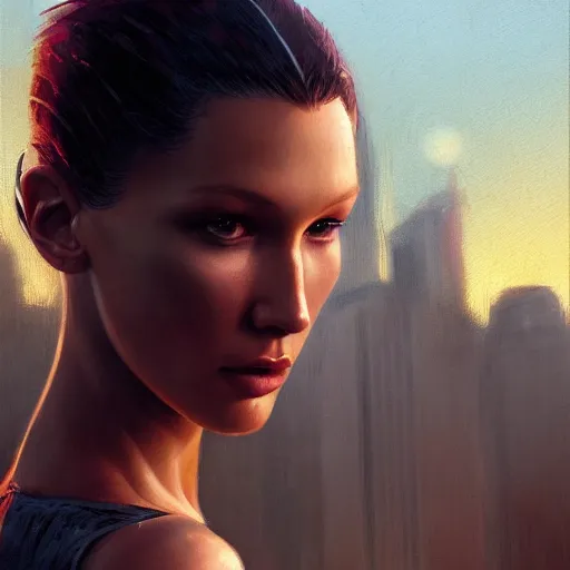 Prompt: a closeup portrait of bella hadid, dramatic light, city background, sunset, high contrast, sharp, painted by stanley lau, painted by greg rutkowski, painted by stanley artgerm, digital art, trending on artstation