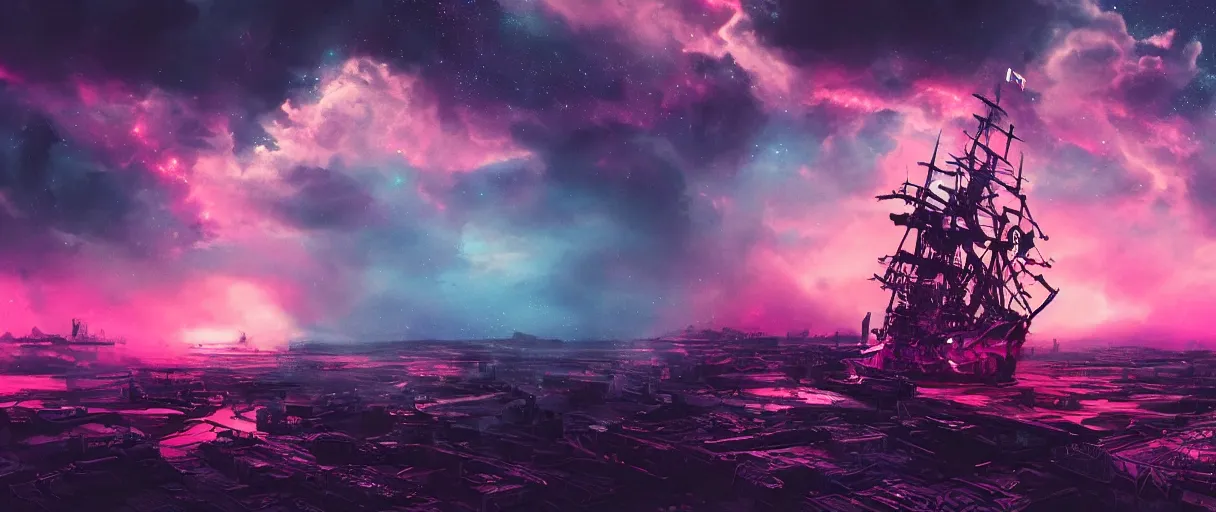 Image similar to space, hyperdetailed illustration, portrait big dark punk, mohawk, stars, pink, neon, oil painting, rich deep colors masterpiece, pirate neon ship, ultra detailed, contrast, heaven pink, clouds, volumetric light, atmospheric lighting, dramatic, cinematic, moody, octane render 4 k, 8 k