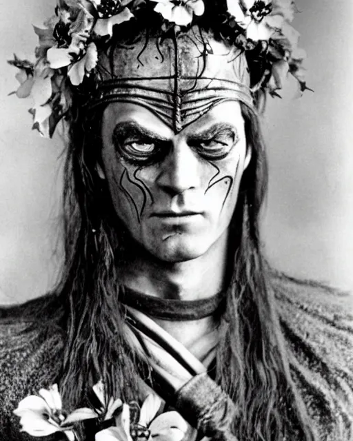 Image similar to sauron with flowers on his hair, hippie, 1 9 6 0 s, world peace, mordor