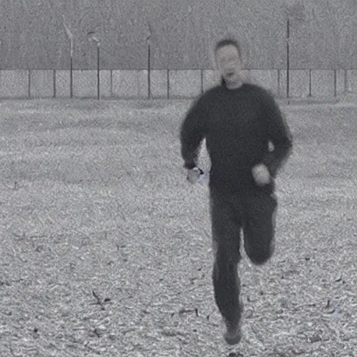 Image similar to cctv footage of a man running across a field, in the background is a large explosion, highly detailed, very realistic.