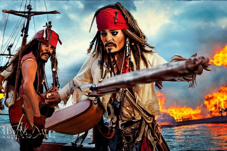 Image similar to jack sparrow playing a 2 neck guiter on a ship while the british fire cannons in the background, cinematic, dramatic, still, photograph, digital art, dynamic lighting, highly detailed, sharp focus