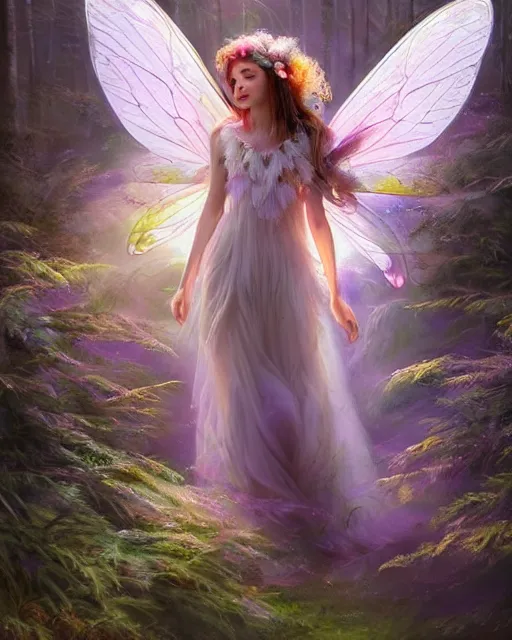 Prompt: beautiful happy forest fairy in a scenic woods, sweet, graceful wings muted colors, sharp focus, high fantasy art, fairy aesthetics, intricate, elegant, highly detailed, hyperrealistic painting, artstation, concept art, v painterly, dreamy, soft illumination, hasselbrad photography, illustration, art by artgerm and scot howden