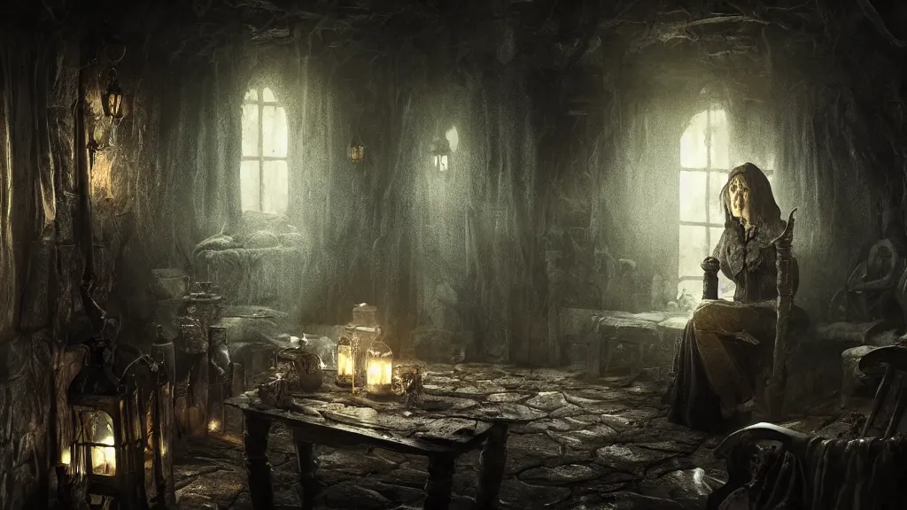 Image similar to a witch sitting in the shadows on the inside of a dark cottage at night, highly detailed interior, by Bastien LeCouffe-Deharme, hyperrealistic, Cryengine 8k UHD