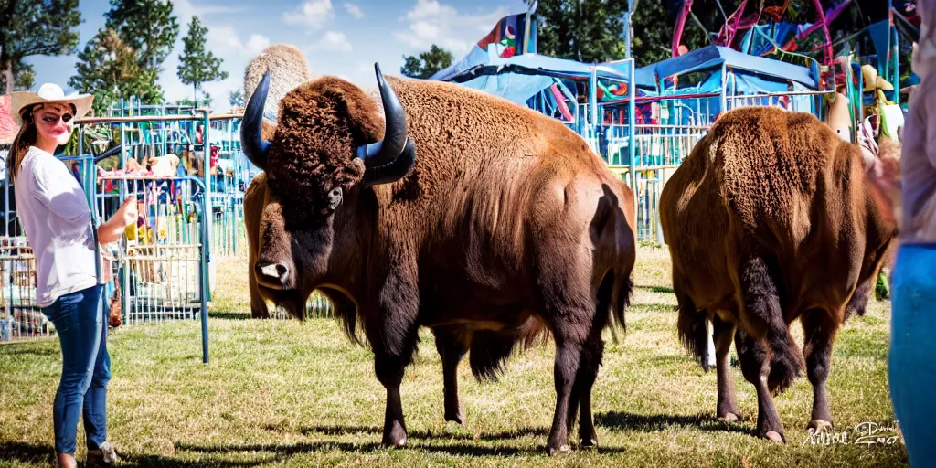 Prompt: fair rides petting zoo bison focus photography