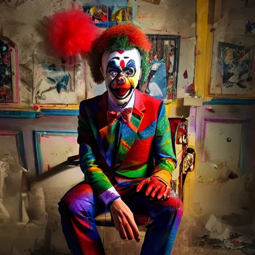 Image similar to hunter biden wearing bizarre clown makeup, and intricate clown costume, sitting on a throne in a abandoned drug den, by rossdraws, vivid colors, studio lighting, digital artwork, uhd, best of artstation