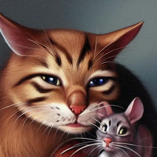 Image similar to hyper realistic tom the cat clutching jerry the mouse, both looking directly at the camera with bloodshot eyes