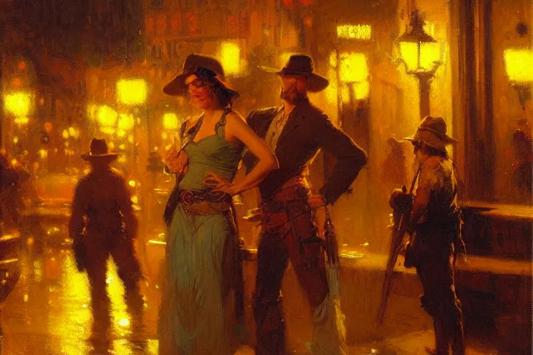 Image similar to western, night, neon light, painting by gaston bussiere, craig mullins, j. c. leyendecker