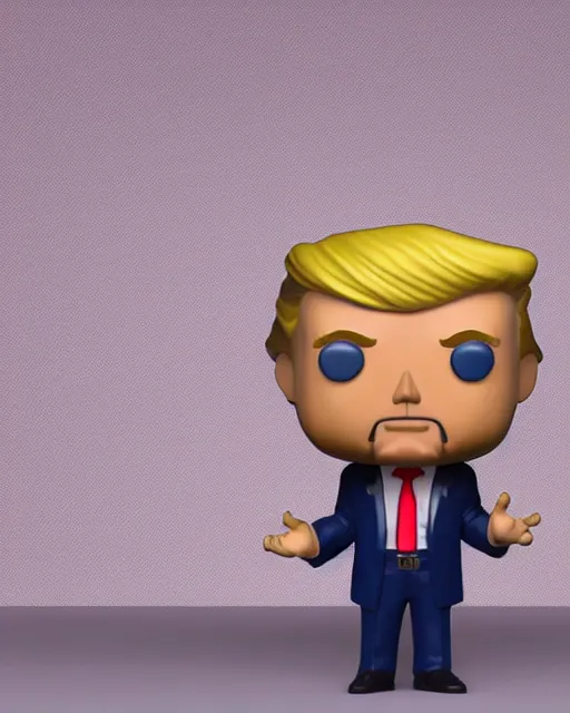 Image similar to full body 3d render of donald trump as a funko pop, studio lighting, white background, blender, trending on artstation, 8k, highly detailed