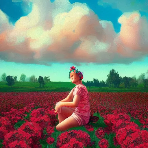 Image similar to giant rose flower head, full body girl sitting in a flower field, surreal photography, sunrise, dramatic light, impressionist painting, colorful clouds, digital painting, artstation, simon stalenhag