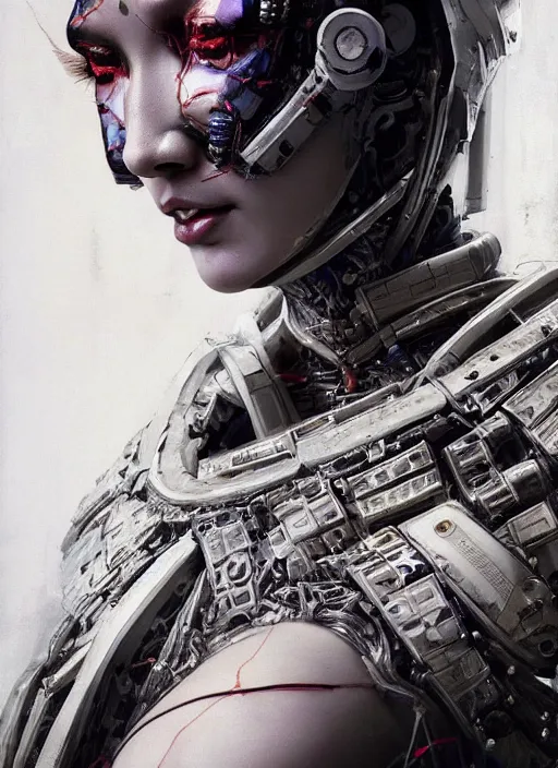 Image similar to close up portrait of a futuristic geisha cyborg, in the style of ghost in the shell, kintsugi, modern fine art, fractal, intricate, elegant, highly detailed, digital photography, richard avedon and greg rutkowski,