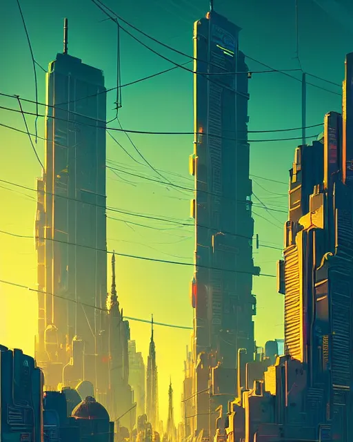 Prompt: beautiful painting of a cyberpunk new york inspired by gustave eiffel, art by mike winkelmann, golden hour, illustration, highly detailed, simple, smooth and clean vector curves, no jagged lines, vector art, smooth, artstation