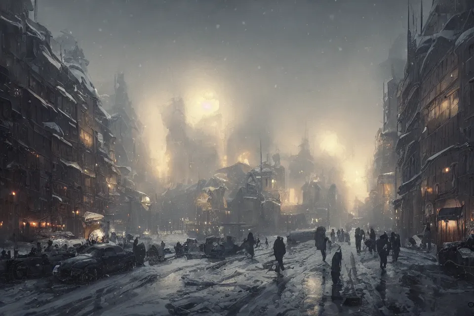 Image similar to highly detailed painting of dieselpunk stockholm, winter, snow, dystopia, by greg rutkowski, 4 k resolution, trending on artstation