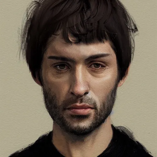 Prompt: Portrait of a man by Greg Rutkowski, he is about 30 years old, short black hair with bangs, his features are a mix between French, Turkish and Russian and he is wearing a beige and black utility jumpsuit, highly detailed portrait, digital painting, artstation, concept art, smooth, sharp foccus ilustration, Artstation HQ - n 9