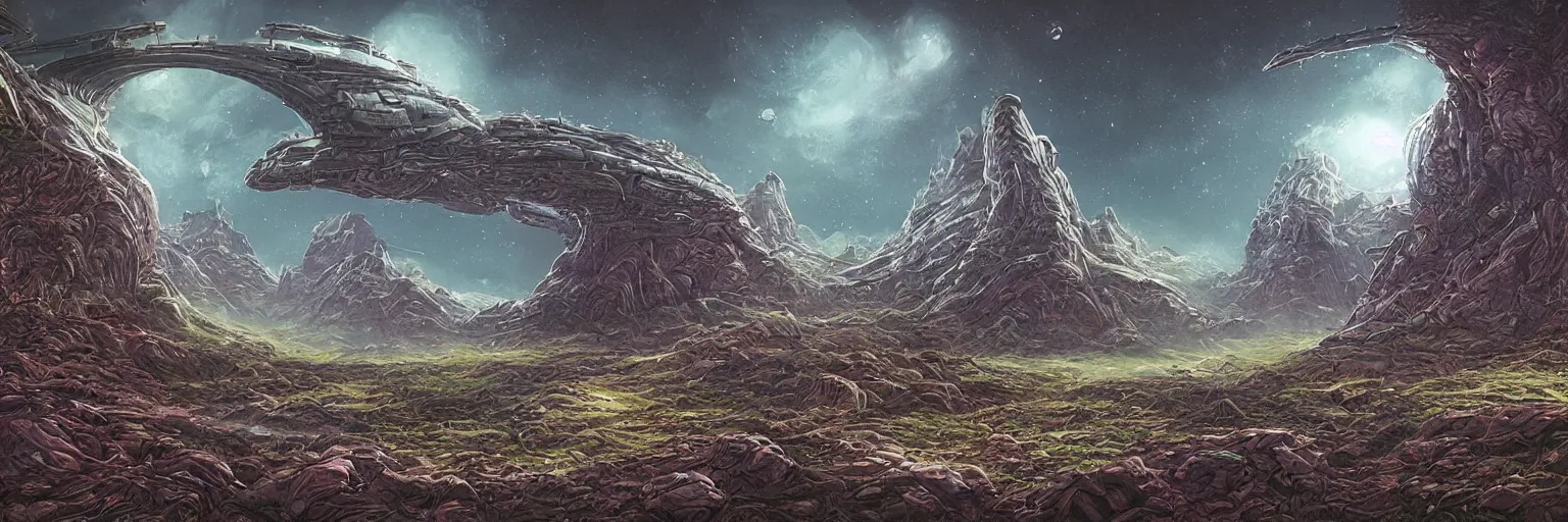 Image similar to an ultra detailed retro sci-fi alien fantasy landscape