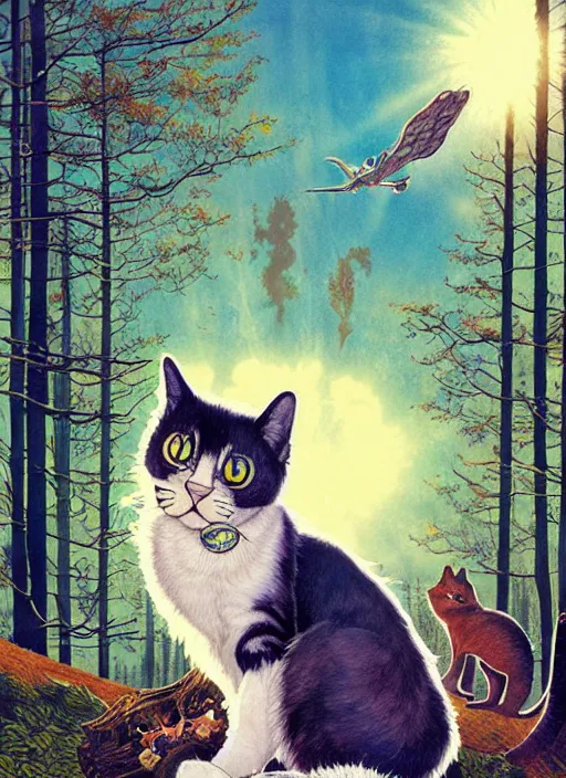 Image similar to a hyper realistic ink cat and the meaning of life and sunbeams blue sky, lush forest poster art by chiara bautista and kim jung giu and norman rockwell and greg rutkowski weta studio, and lucasfilm