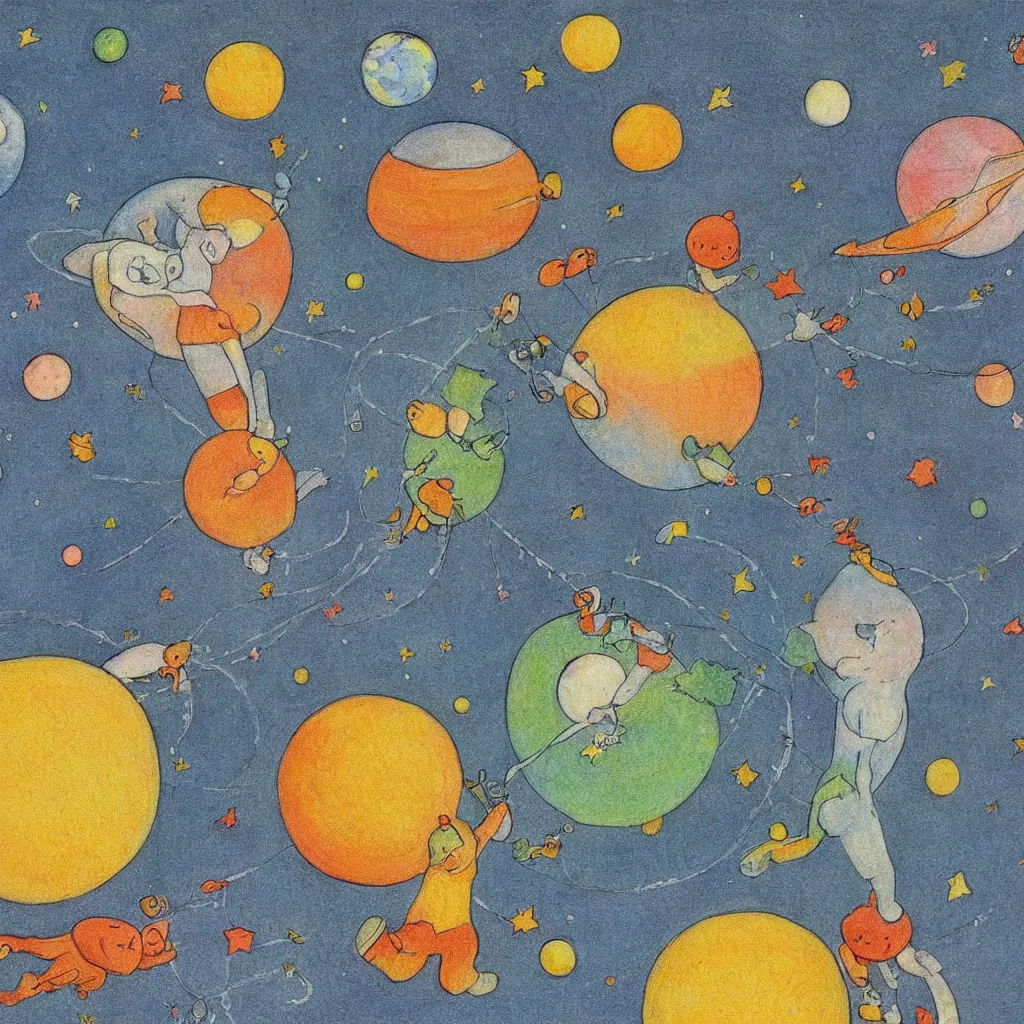 Image similar to single planet, cute, art print, lithography, baby room, by elsa beskow, saturn