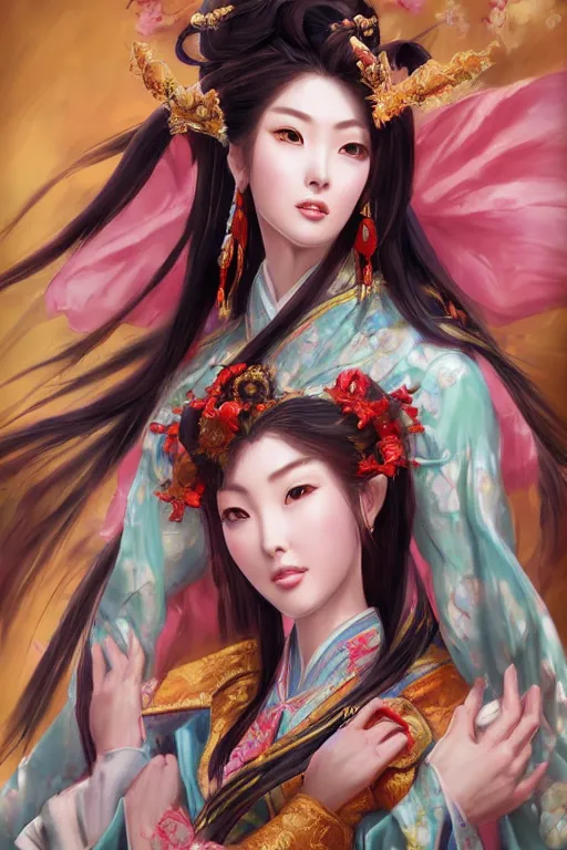 Prompt: diao chan from romance of three kingdoms in the pretty paintetly style of WLOP, artgerm, brush stroke oil painting pre raphaelite, imagine fx, artstation