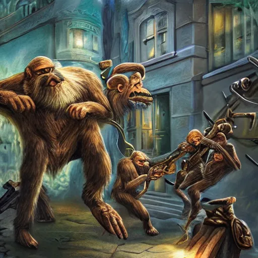 Prompt: fantasy art ultra detailed photo monkeys in fbi uniforms attacking a nursing home