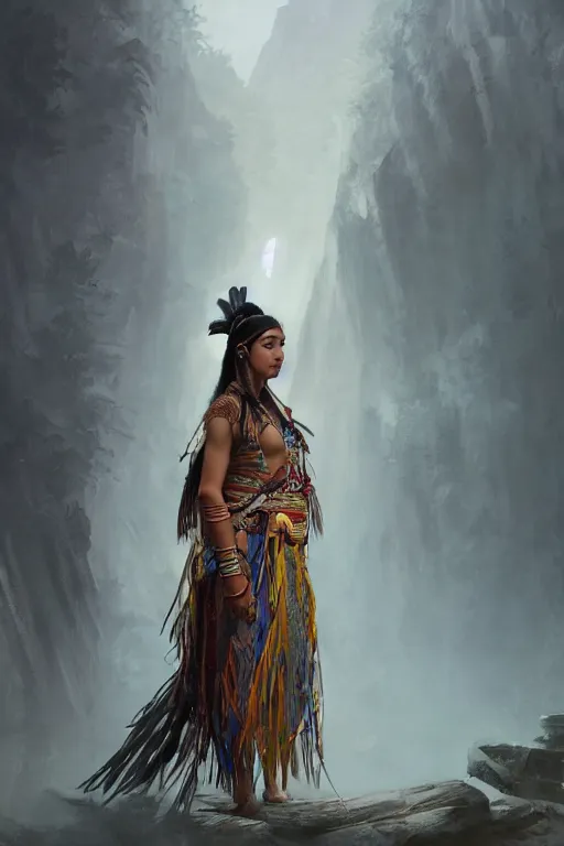 Prompt: beautiful young Cherokee woman in a native american outfit, full body photo, intricate, elegant, volumetric lighting, scenery, digital painting, highly detailed, artstation, sharp focus, illustration, concept art, ruan jia, steve mccurry and Irakli Nadar