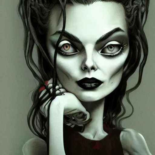 Prompt: michael karcz grunge drawing of margot robbie. , in the style of corpse bride, loony toons style, horror themed, detailed, elegant, intricate, trending on artstation, 4k