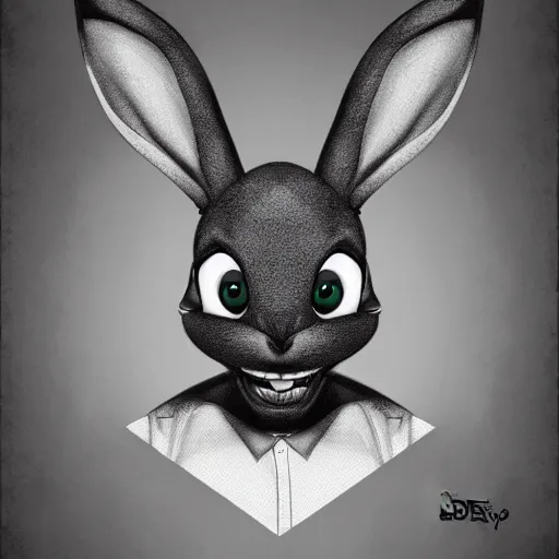 Prompt: A extremely highly detailed majestic hi-res beautiful, highly detailed head and shoulders portrait of a scary terrifying, horrifying, creepy black cartoon rabbit with scary big eyes, earing a shirt laughing, hey buddy ole pal, let's be friends, in the style of Walt Disney