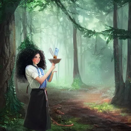 Image similar to a portrait of a 1 9 6 0 s woman with curly black hair and blue eyes, and an apron in the forest, dynamic lighting, fantasy concept art, trending on art station, stunning visuals, cinematic, ultra detailed