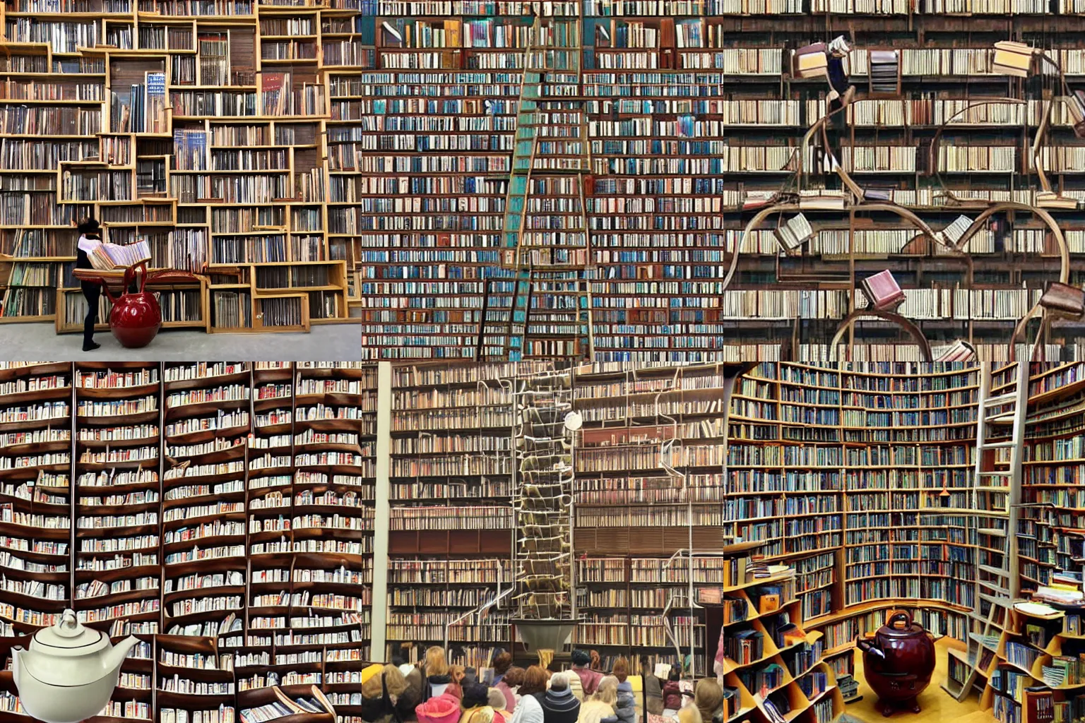 Prompt: All of the words libraries books pouring out of a teapot large enough to hold them.