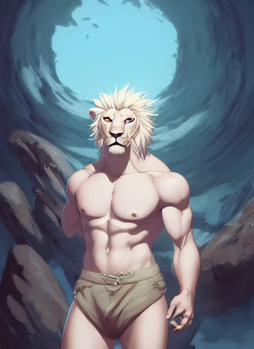 Image similar to award winning beautiful commission of a muscular male furry anthro albino lion wearing swim trunks chilling in a modern spa with soft warm atmospheric cozy lighting with beautiful hyperdetailed face. Character design by charlie bowater, ross tran, and makoto shinkai, detailed, inked, western comic book art