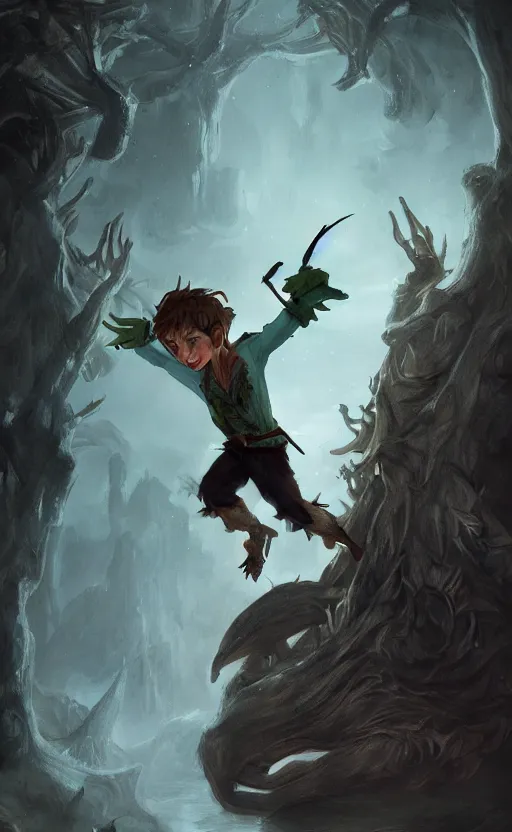 Image similar to peter pan depicted as a monster, dynamic lighting, photorealistic dark fantasy concept art, trending on art station, stunning visuals, creative, cinematic, ultra detailed