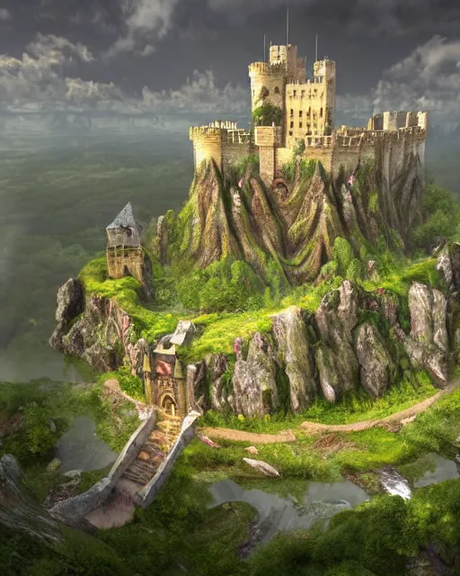 Image similar to a beautiful fantasy landscape of a large majestic medieval castle with lots of towers and huge walls on top of a lush cliff with a huge waterfalls in the middle, ruins of structures at the bottom, afternoon light streaking with god rays, ornate, detailed, octane render, 8k, trending on artstation deviantart google images, pinterest, canon 35mm lens