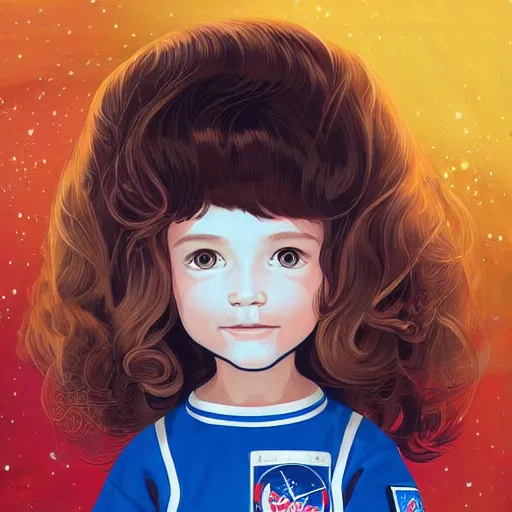 Image similar to a painting of a little girl with short wavy curly light brown hair and blue eyes, floating in space. she is an astronaut, wearing a space suit. beautiful detailed face line art by ilya kuvshinov and