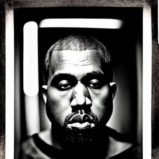 Image similar to a chiaroscuro lighting portrait of kanye west dressed as rick owens, black background, portrait by julia margaret cameron, shallow depth of field, 8 0 mm, f 1. 8