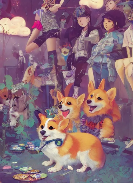 Prompt: beautiful fantasy painting scene of anime hiphop summer corgi party, by Kenne Gregoire, James Jean, Tran Nguyen, WLOP, Jakub Rebelka. trending on Artstation, 8k, masterpiece, chill summer, graffiti paint, fine detail, full of color, intricate detail, golden ratio illustration