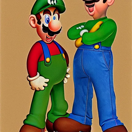 Prompt: a realistic portrait of mario and luigi in the style of bert hardy