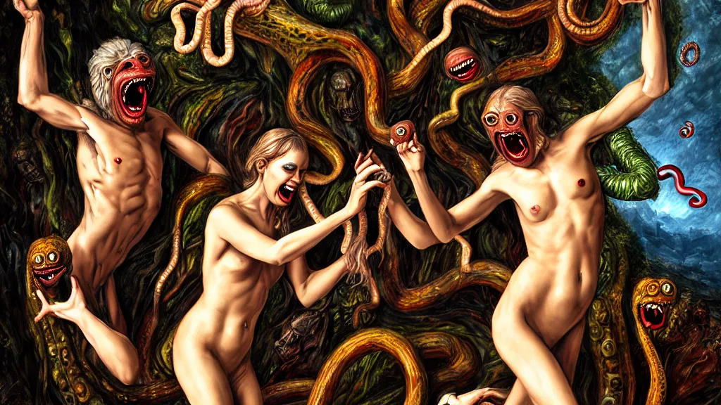 Prompt: Adam and eve with a screaming worm monster, maximalist, high detail, 8k, ornate, dark fantasy, realistic, masterpiece, complex, WLOP, wide angle, by rocco