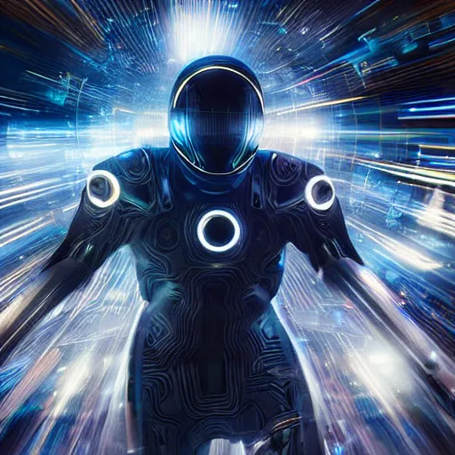 Image similar to speed, diverse fast cybersuits, from behind, motion blur, bokeh, wide wide angle, vivid, elaborate, highly detailed, beautiful lighting