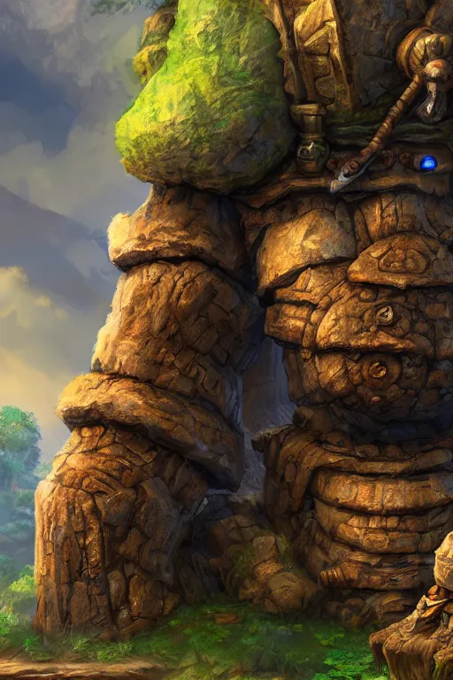 Image similar to zelda fantasy art giant golem troll wood rock greeble gemstone, global illumination ray tracing hdr fanart arstation by sung choi and eric pfeiffer and gabriel garza and casper konefal