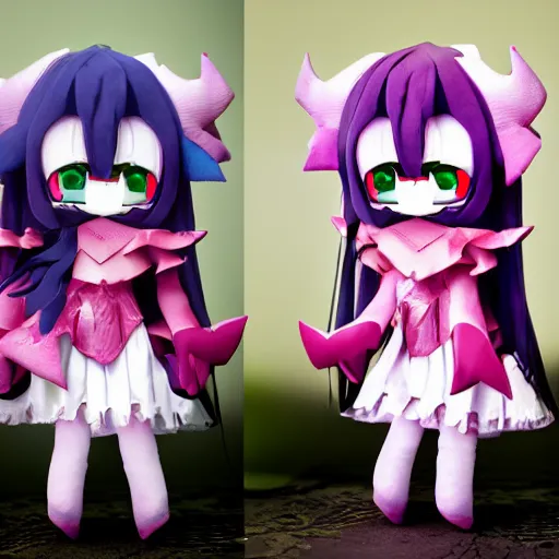 Prompt: cute fumo plush of a magical girl from the depths of hell, gothic maiden of the dark, tattered wings, halloween, cursed, vray