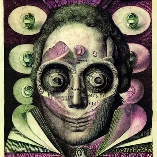 Prompt: post - punk new age album cover, asymmetrical design, dollars, bank notes, magic, apocalypse, psychedelic, black white pink, magic, giger h. r., giuseppe arcimboldo