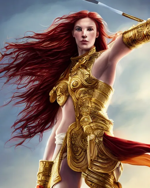 Prompt: Hyper realistic painting of a female fighter with long curly shiny red hair, white skin and broad shoulders in a golden cuirass and white armor elements, d&d character, she looks like an ancient greek soldier, she is super athletic, vibrant colors, natural light, the ocean is in the background, low angle, mist, micro details, octane render, in the style of Greg Rutkowksi, Artgerm and Jaime Jones, trending on artstation, concept art for movies