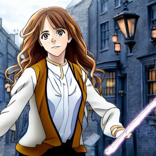 Prompt: emma watson as hermione granger as an anime character, holding a wand, standing in anime diagon alley