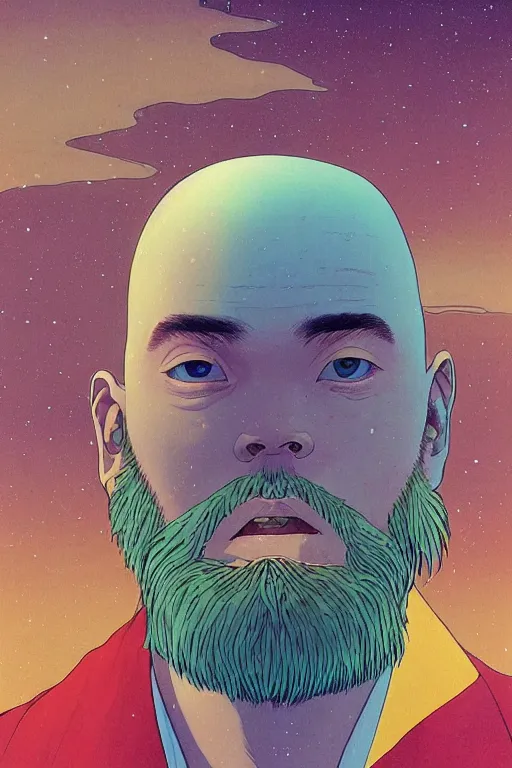 Image similar to a colorful closeup portrait of a handsome young bald man with a very long wild beard dreaming psychedelic hallucinations in the vast icy landscape of antarctica, by kawase hasui, moebius and edward hopper, colorful flat surreal design, hd, 8 k, artstation