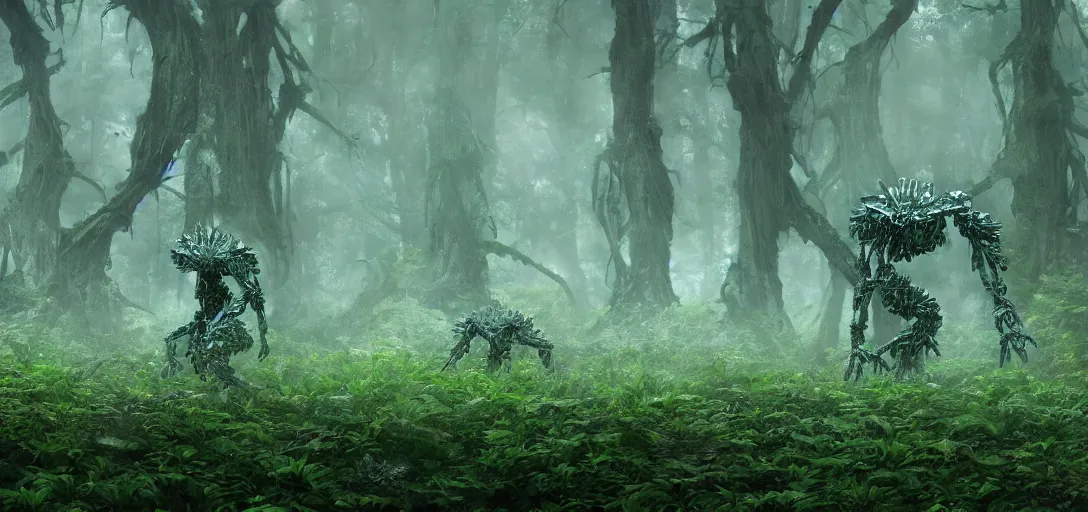 Image similar to a complex organic fractal 3 d metallic symbiotic ceramic humanoid megastructure creature in a swampy lush forest, foggy, cinematic shot, photo still from movie by denis villeneuve, 9 0 s anime by junji ito