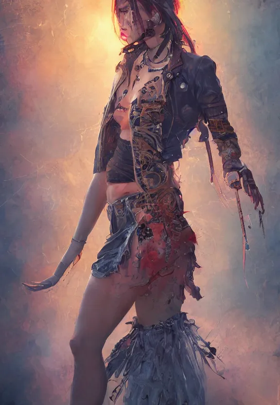 Prompt: full body illustration of a girl with eyes that burn like cigarettes wearing a mini skirt and a long jacket with fingernails that shine like justice, dramatic lighting, photorealistic, full body portrait, detailed anatomy, extreme detail, 4 k, colorful, confident, artgerm and ben lo and mucha and craig mullins, octane render, detailed face, f / 2. 8