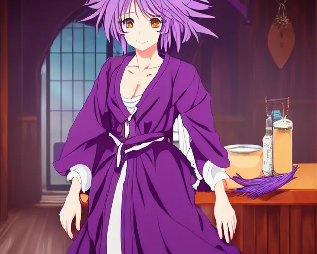 Image similar to key anime visual portrait of a young female witch purple feathered robe in a tavern interior, dynamic pose, dynamic perspective, cinematic, dramatic lighting, muted colors, fine detail, textured, big detailed eyes, anatomical proportions