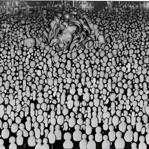 Prompt: photo, a giant crowd of claymation men by ray harryhausen made of silvery reflective glittery clay, inside a 1990's mcdonald's playplace