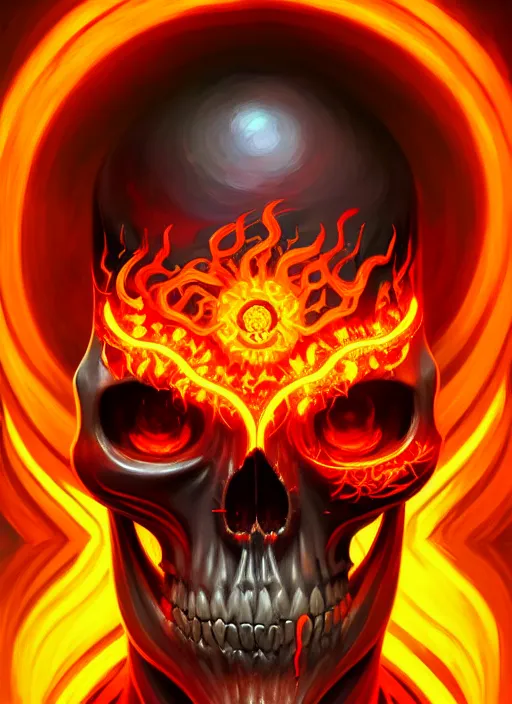 Image similar to symmetry!! portrait of skull with flaming eyes, high fantasy, intricate, elegant, highly detailed, digital painting, artstation, concept art, smooth, sharp focus, illustration, art by artgerm and greg rutkowski and alphonse mucha, 8 k