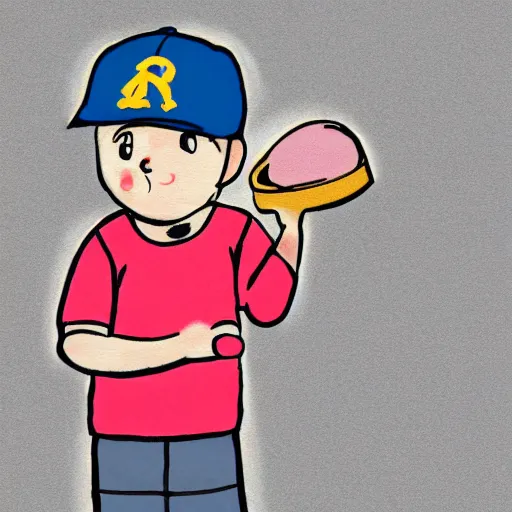 Image similar to a street artist cartoon drawing of a boy in a baseball cap holding an ice cream cone